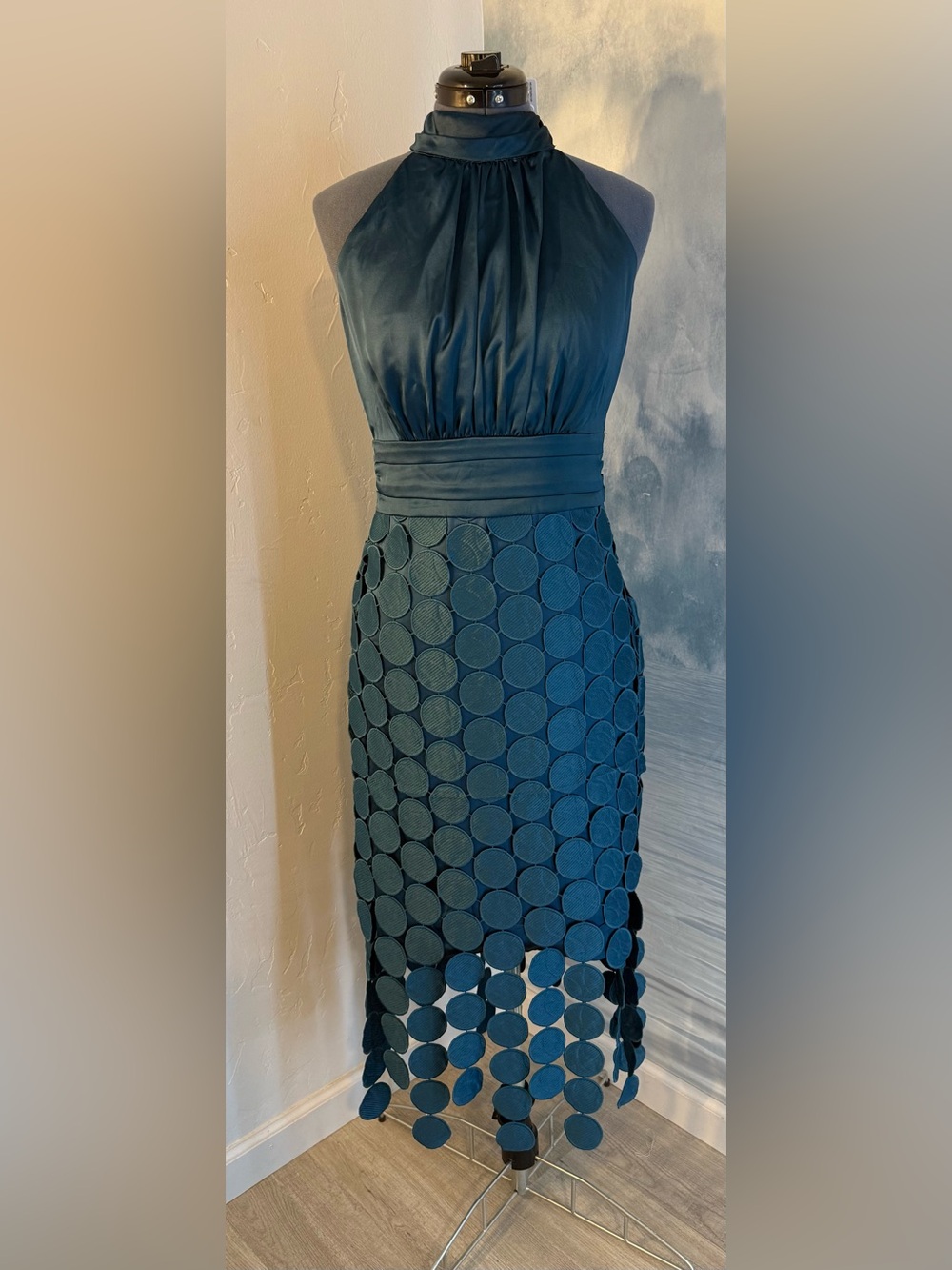 Women’s Teal Halter Midi Dress with Circle-Detail Skirt #416